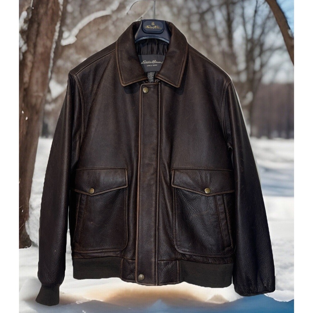 Eddie Bauer Jacket Men M Mocha 100%‎ Soft Leather Heavy Bomber Aviation Pilot